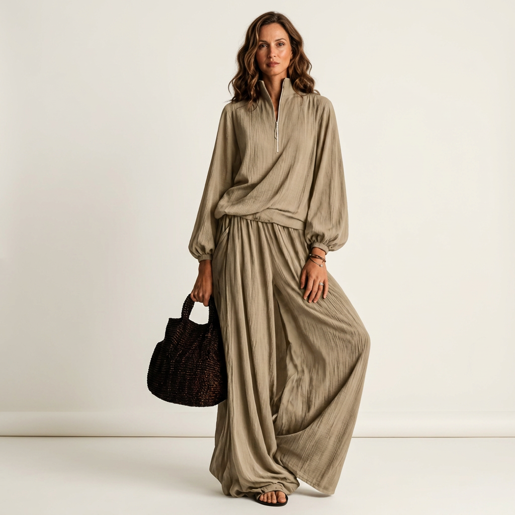 Alfled | Women Half Zip Wide Leg Pants Set