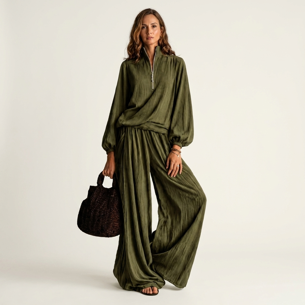 Alfled | Women Half Zip Wide Leg Pants Set