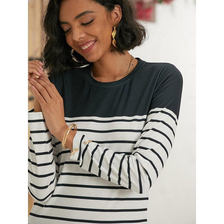 Striped Color Block Crew Neck Long Sleeve Casual Knit Tee Shirt Top