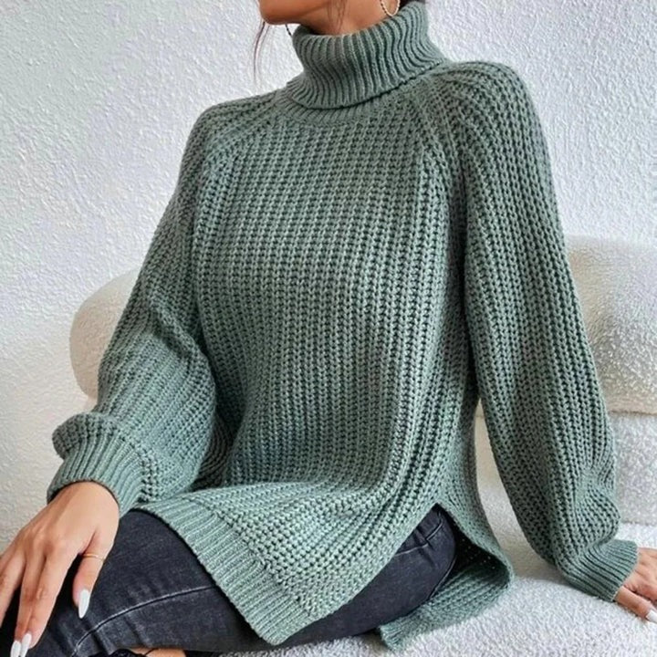 Angela | Women's Rib Knit Balloon Sleeve Turtleneck Sweater