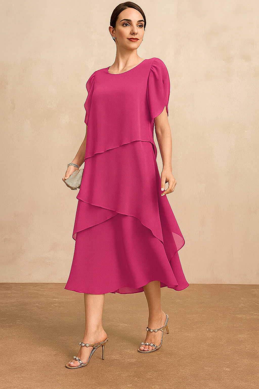 Haven | Women's Chiffon Scoop Neck Flutter Sleeve Tiered Cocktail Midi Dress