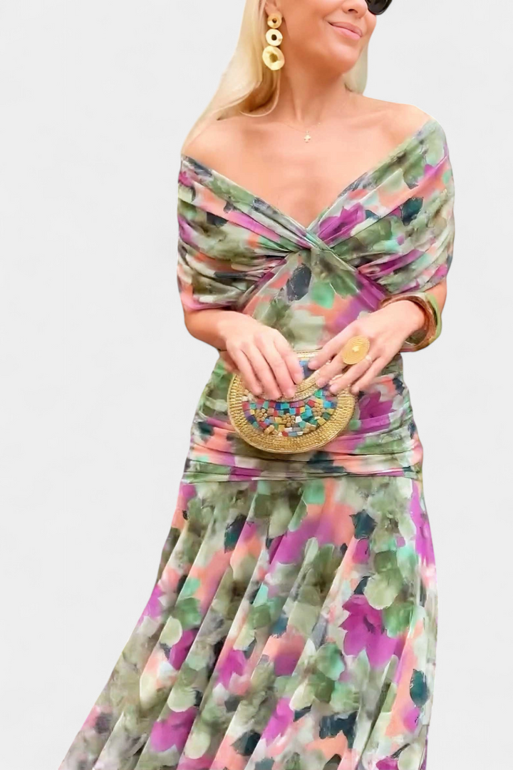 Elowen | Women's Floral Off Shoulder Ruched Cocktail Maxi Dress