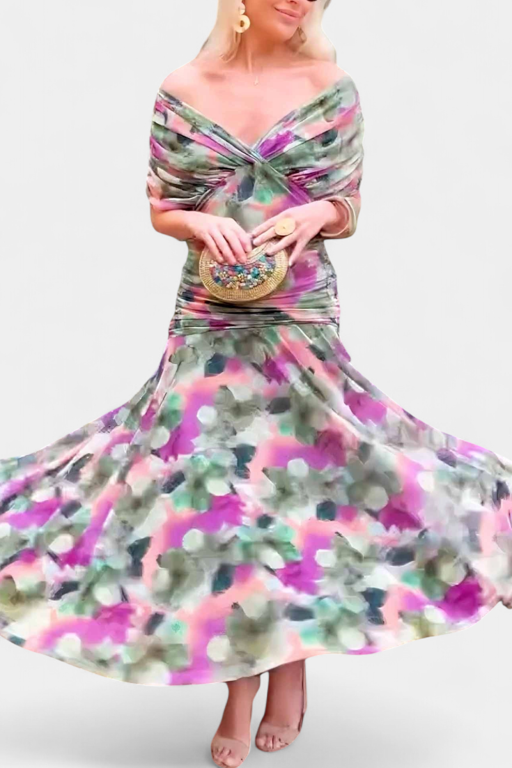 Elowen | Women's Floral Off Shoulder Ruched Cocktail Maxi Dress