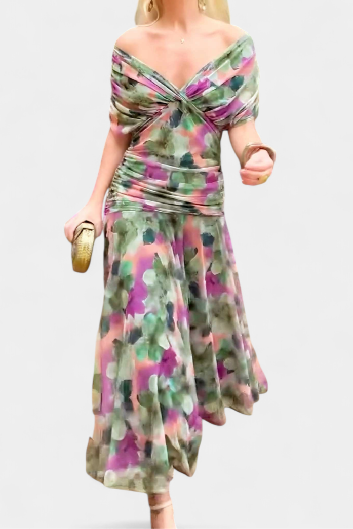 Elowen | Women's Floral Off Shoulder Ruched Cocktail Maxi Dress