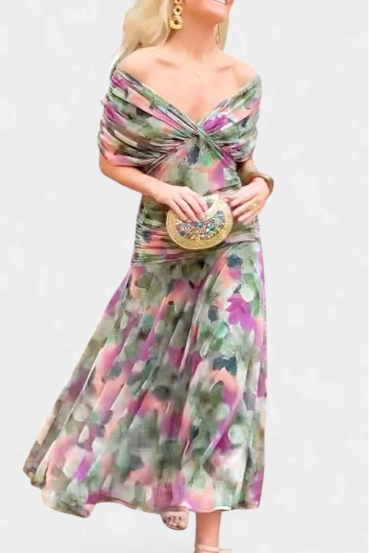 Elowen | Women's Floral Off Shoulder Ruched Cocktail Maxi Dress