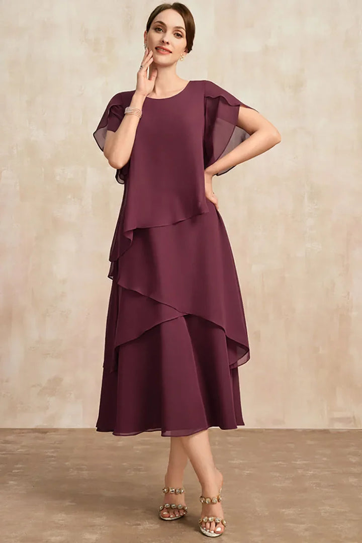 Haven | Women's Chiffon Scoop Neck Flutter Sleeve Tiered Cocktail Midi Dress