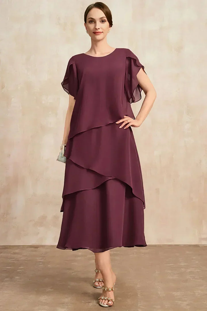 Haven | Women's Chiffon Scoop Neck Flutter Sleeve Tiered Cocktail Midi Dress