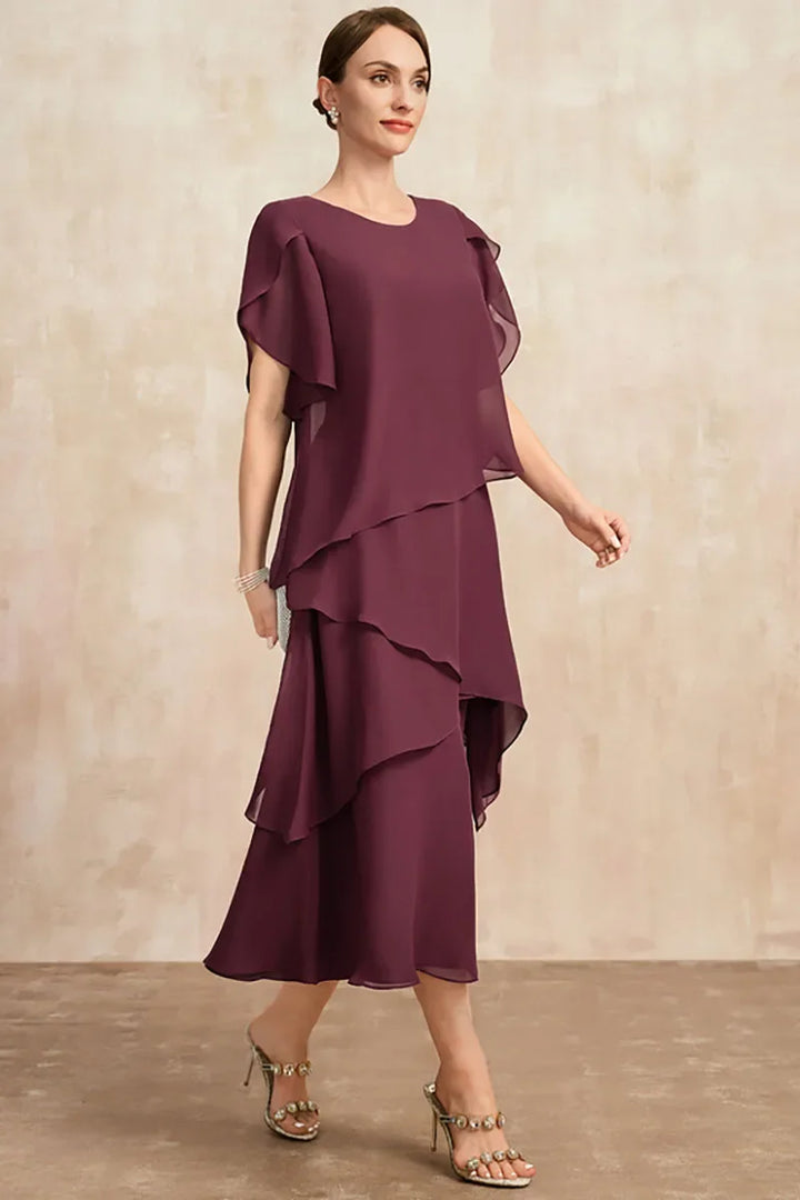 Haven | Women's Chiffon Scoop Neck Flutter Sleeve Tiered Cocktail Midi Dress