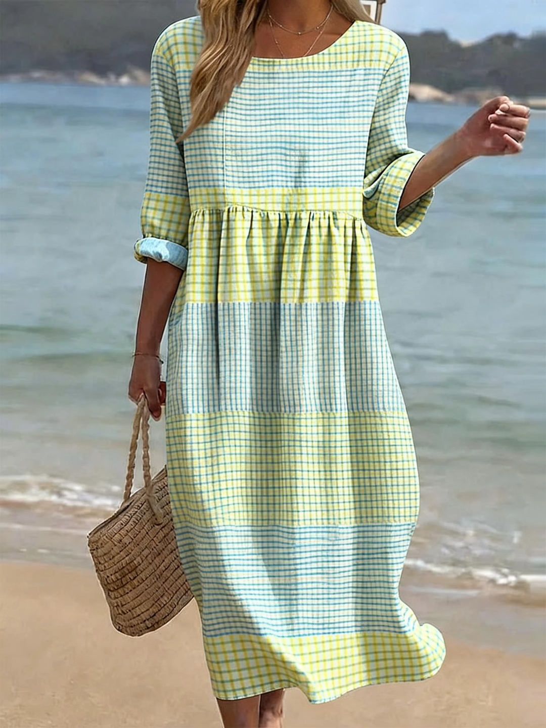 Laura | Women's Crew Neck Elbow Sleeve Casual Midi Dress