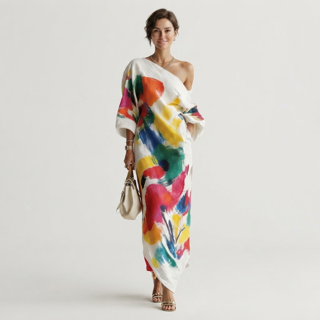 Maxi Dress Abstract Print One Shoulder