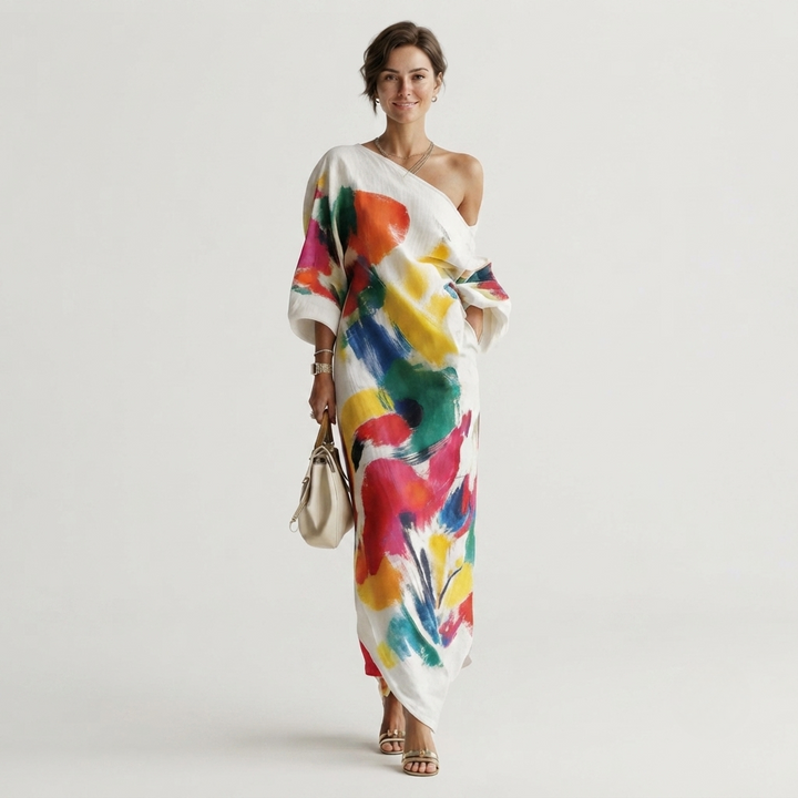 Maxi Dress Abstract Print One Shoulder