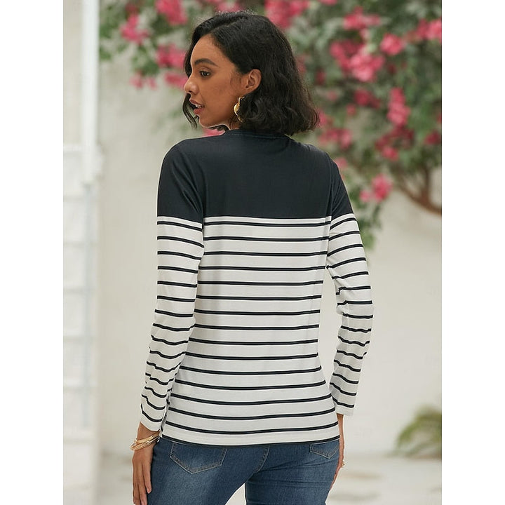Striped Color Block Crew Neck Long Sleeve Casual Knit Tee Shirt Top
