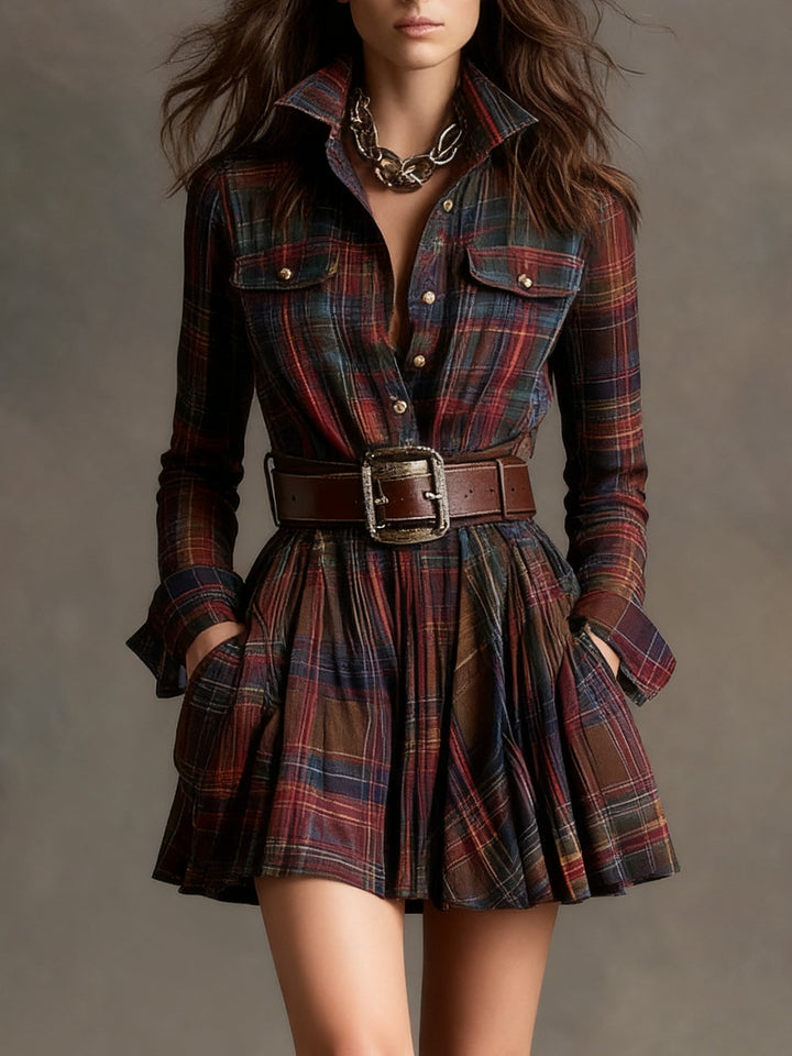 Heulwen | Women Plaid Collar Long Sleeve Dress