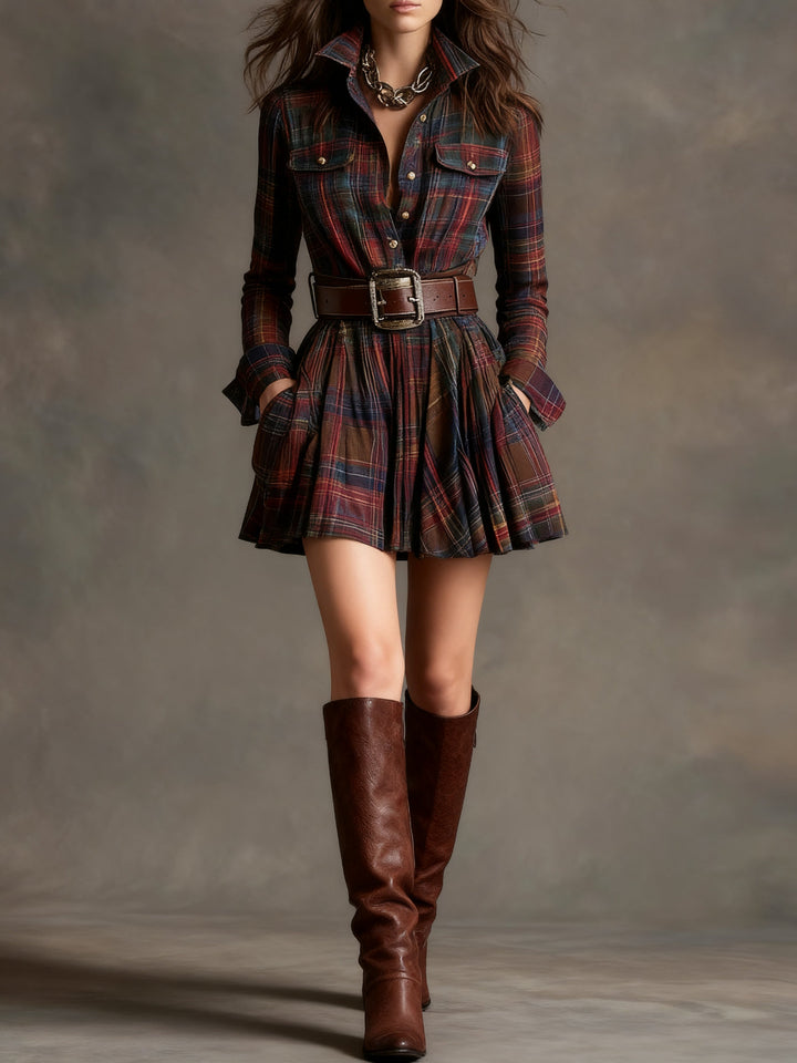 Heulwen | Women Plaid Collar Long Sleeve Dress
