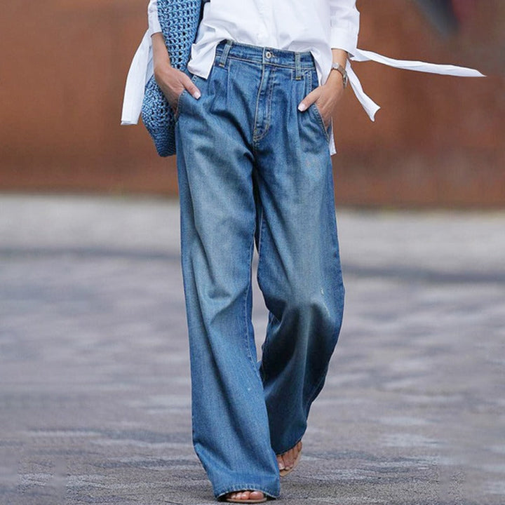 Katerina | Women Pleated Wide Leg High Waisted Blue Jeans