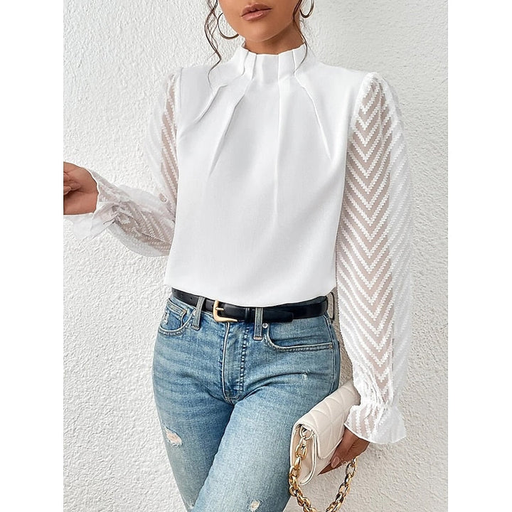 Mock Neck Long Sleeve Pleated Sheer Lace Ruffle Going Out Blouse Top