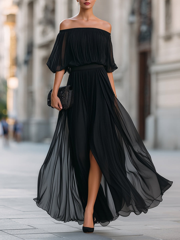 Elegant Black Chiffon Plus Size Homecoming Dress for Women with Off Shoulder Short Sleeve Pleated Side Slit Style
