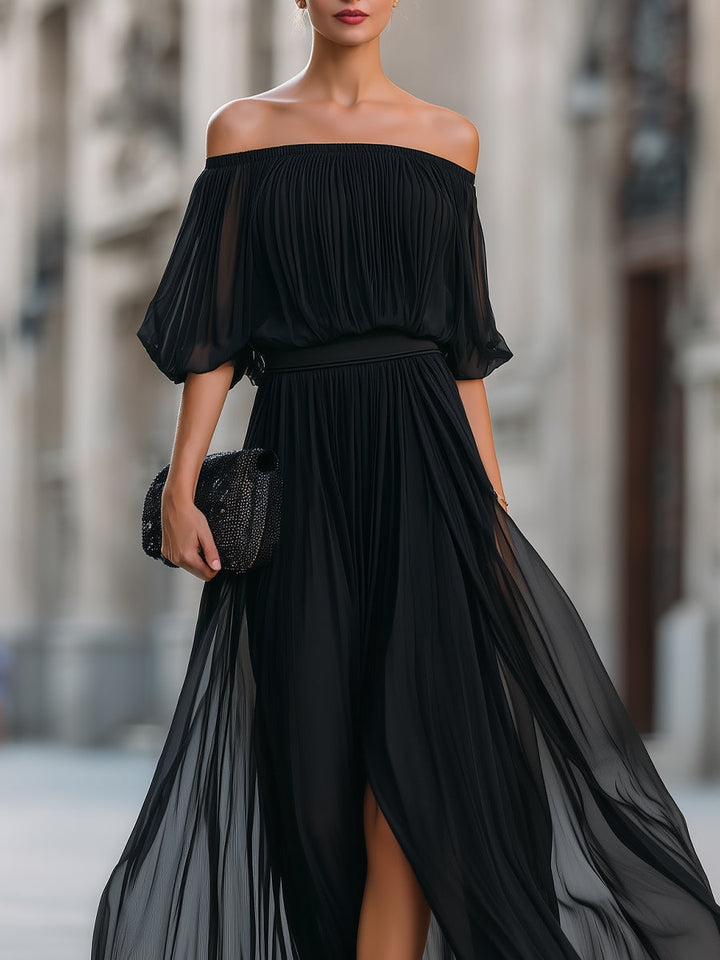 Elegant Black Chiffon Plus Size Homecoming Dress for Women with Off Shoulder Short Sleeve Pleated Side Slit Style