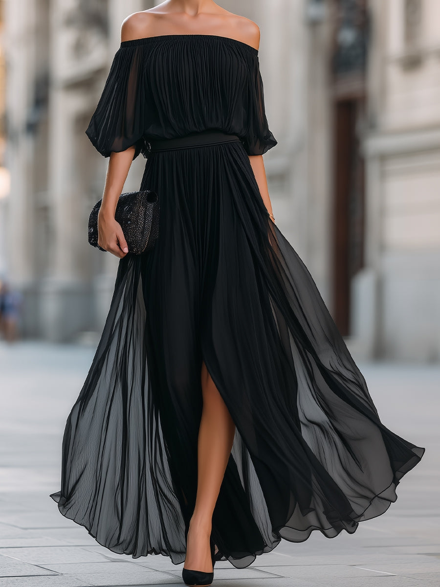 Elegant Black Chiffon Plus Size Homecoming Dress for Women with Off Shoulder Short Sleeve Pleated Side Slit Style
