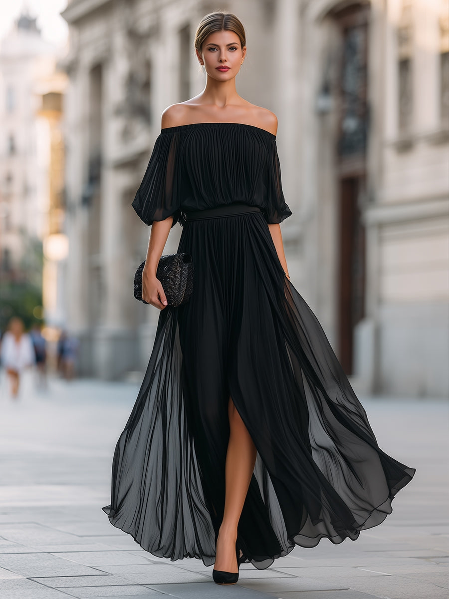 Elegant Black Chiffon Plus Size Homecoming Dress for Women with Off Shoulder Short Sleeve Pleated Side Slit Style