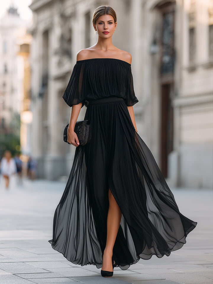 Elegant Black Chiffon Plus Size Homecoming Dress for Women with Off Shoulder Short Sleeve Pleated Side Slit Style