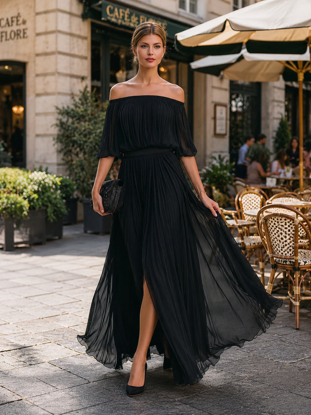 Elegant Black Chiffon Plus Size Homecoming Dress for Women with Off Shoulder Short Sleeve Pleated Side Slit Style