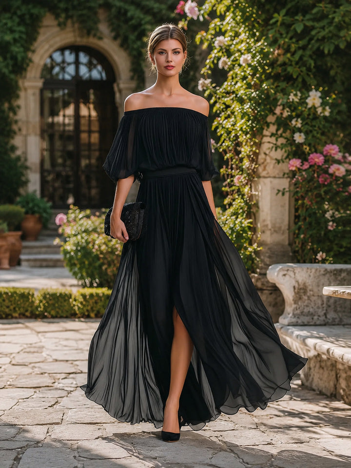 Elegant Black Chiffon Plus Size Homecoming Dress for Women with Off Shoulder Short Sleeve Pleated Side Slit Style