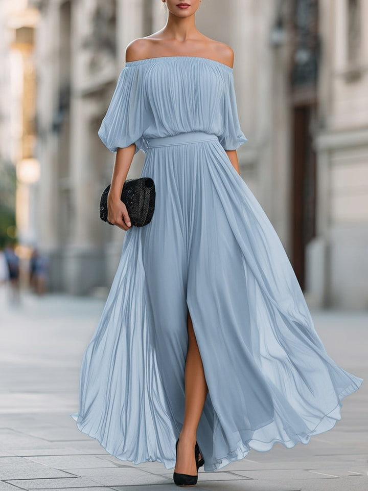 Elegant Black Chiffon Plus Size Homecoming Dress for Women with Off Shoulder Short Sleeve Pleated Side Slit Style