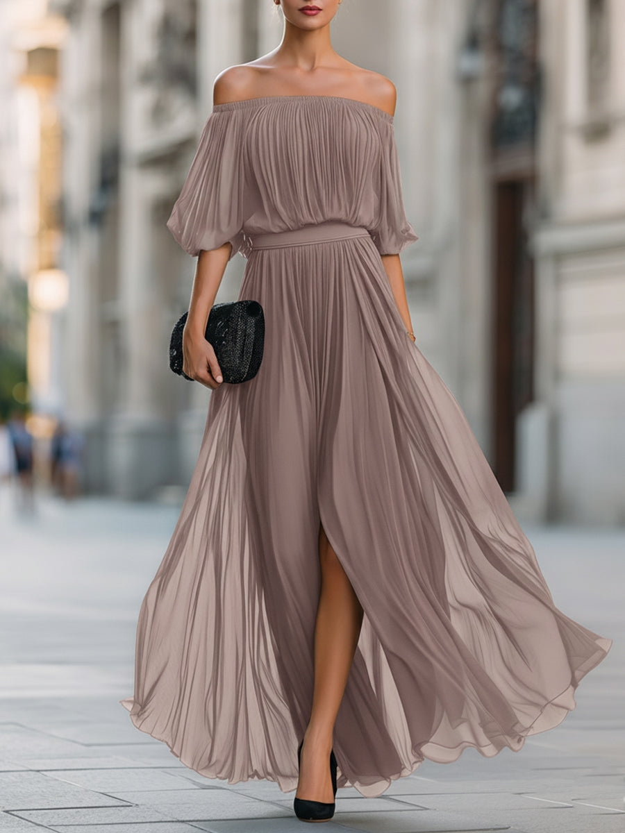 Elegant Black Chiffon Plus Size Homecoming Dress for Women with Off Shoulder Short Sleeve Pleated Side Slit Style