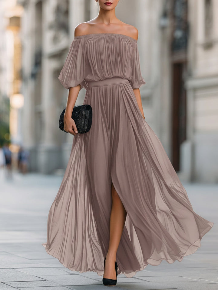 Elegant Black Chiffon Plus Size Homecoming Dress for Women with Off Shoulder Short Sleeve Pleated Side Slit Style