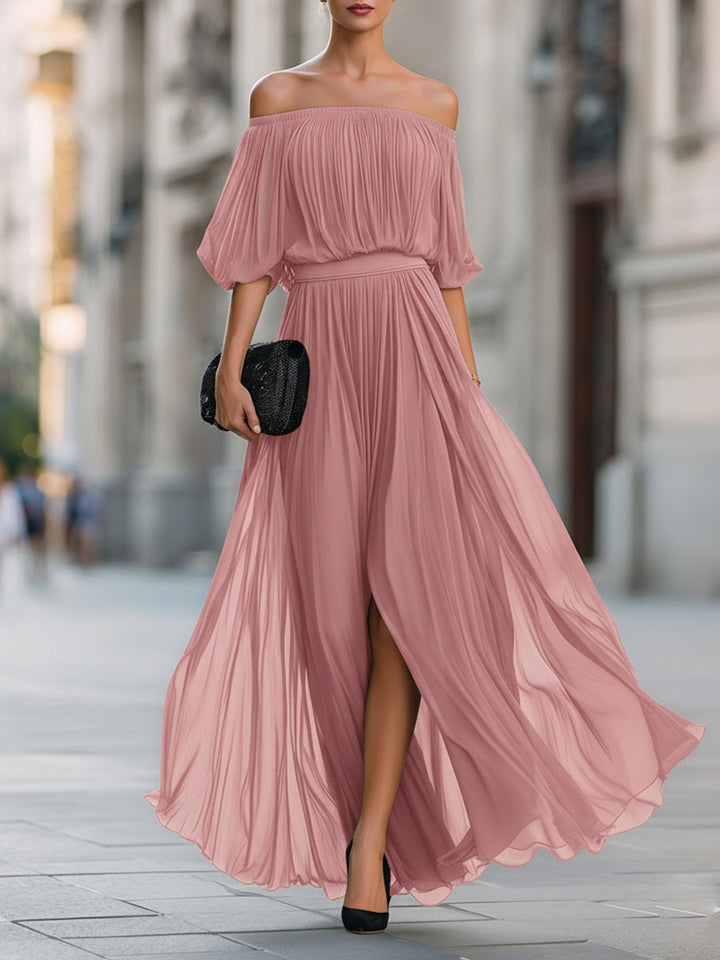Elegant Black Chiffon Plus Size Homecoming Dress for Women with Off Shoulder Short Sleeve Pleated Side Slit Style