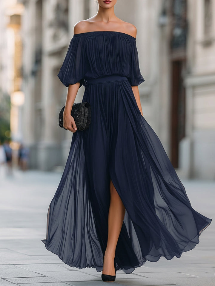 Elegant Black Chiffon Plus Size Homecoming Dress for Women with Off Shoulder Short Sleeve Pleated Side Slit Style