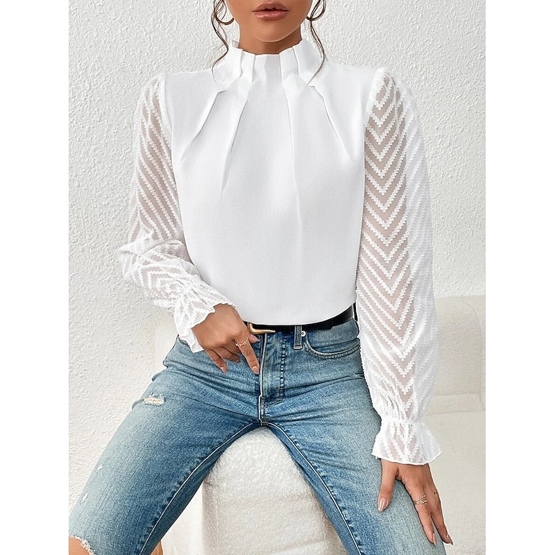 Mock Neck Long Sleeve Pleated Sheer Lace Ruffle Going Out Blouse Top