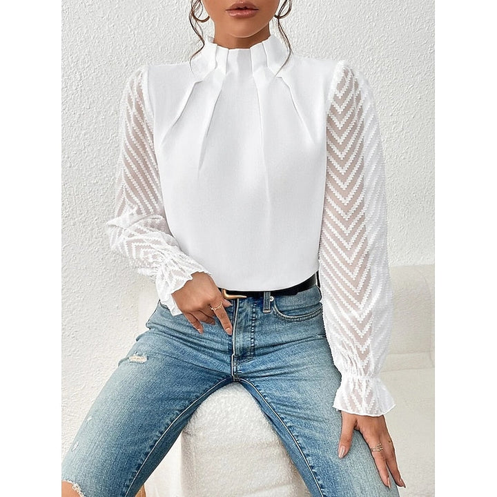 Mock Neck Long Sleeve Pleated Sheer Lace Ruffle Going Out Blouse Top