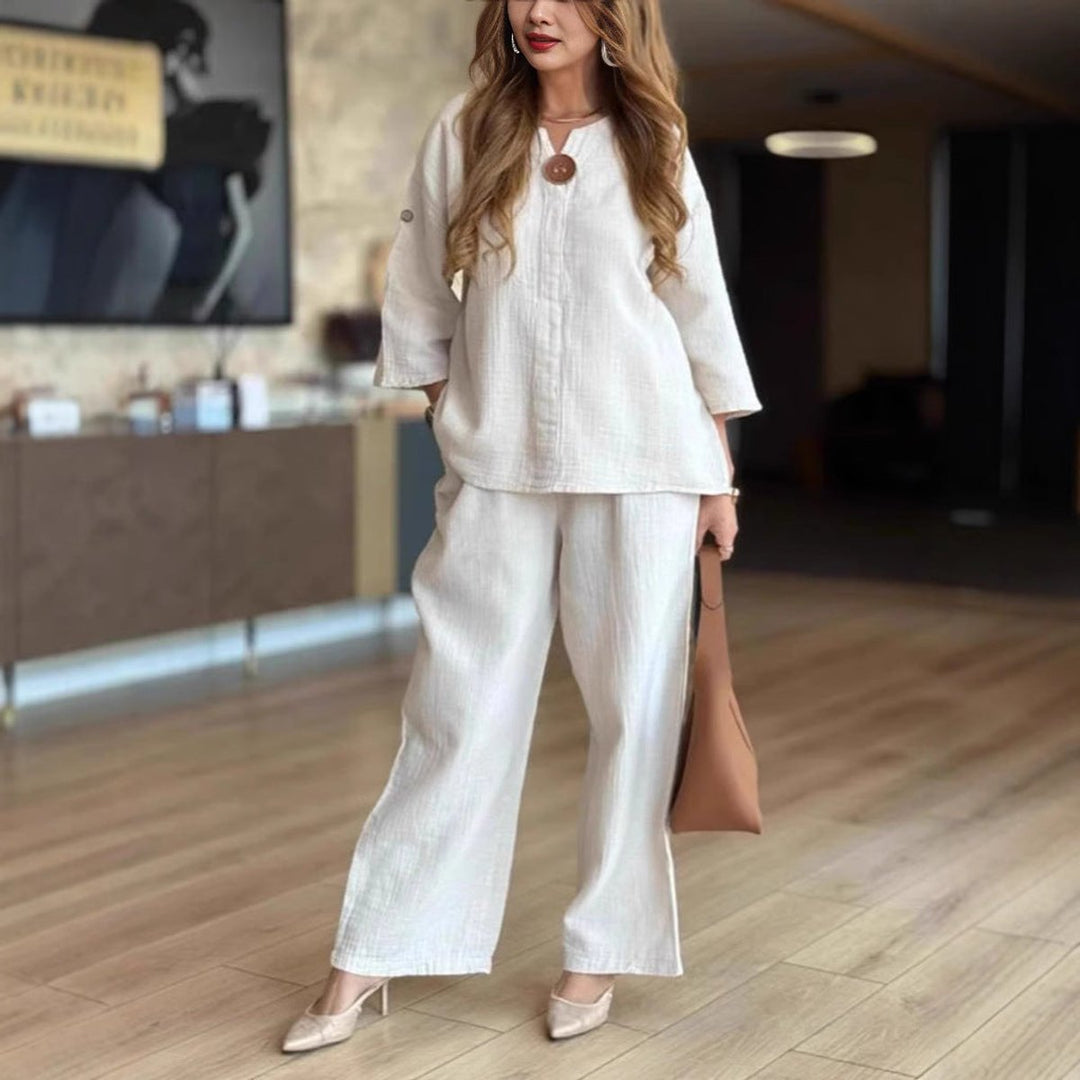 Split Neck Three Quarter Sleeve Tunic Wide Leg Palazzo Pant Two Piece Set