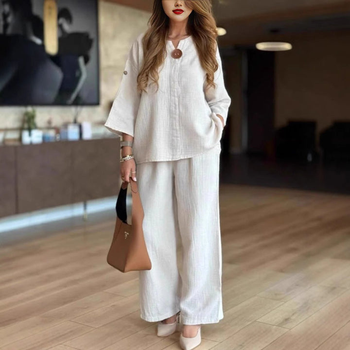 Split Neck Three Quarter Sleeve Tunic Wide Leg Palazzo Pant Two Piece Set