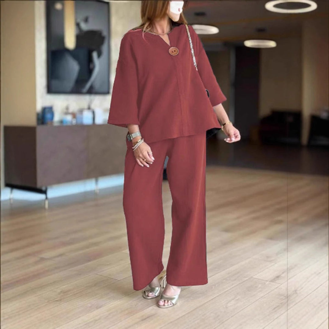 Split Neck Three Quarter Sleeve Tunic Wide Leg Palazzo Pant Two Piece Set