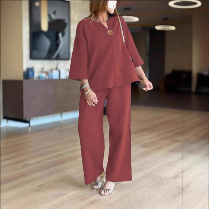 Split Neck Three Quarter Sleeve Tunic Wide Leg Palazzo Pant Two Piece Set