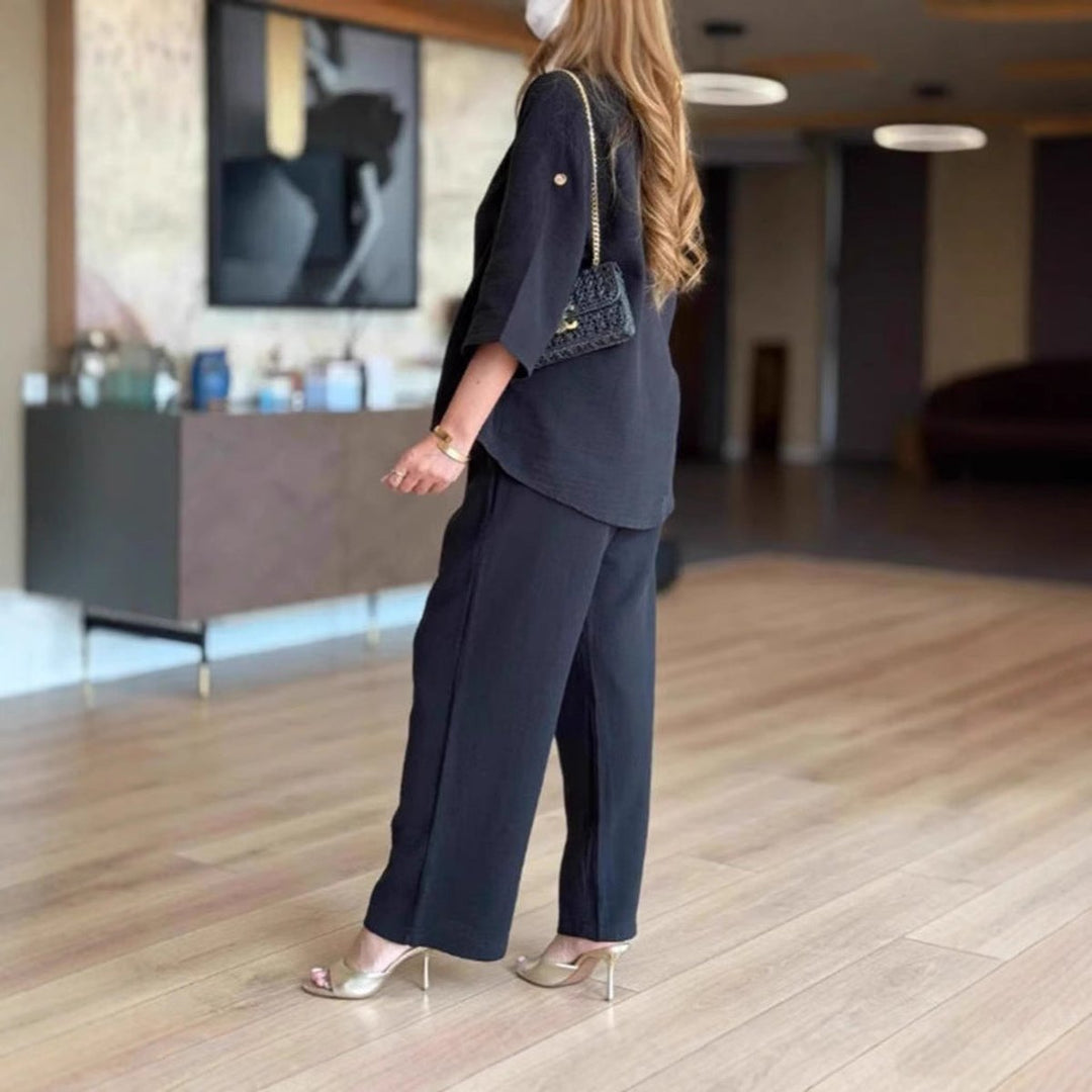 Split Neck Three Quarter Sleeve Tunic Wide Leg Palazzo Pant Two Piece Set