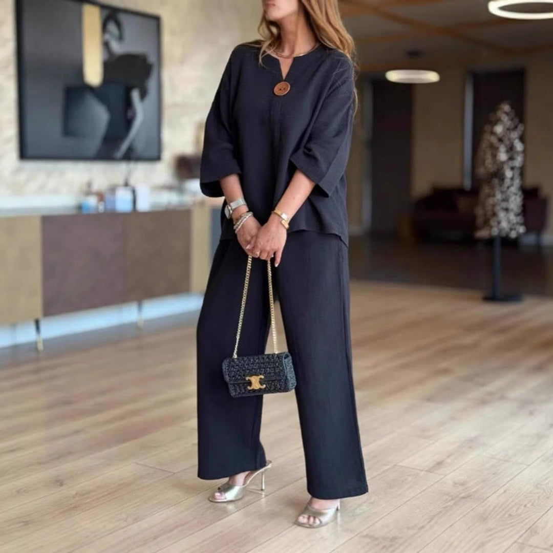 Split Neck Three Quarter Sleeve Tunic Wide Leg Palazzo Pant Two Piece Set