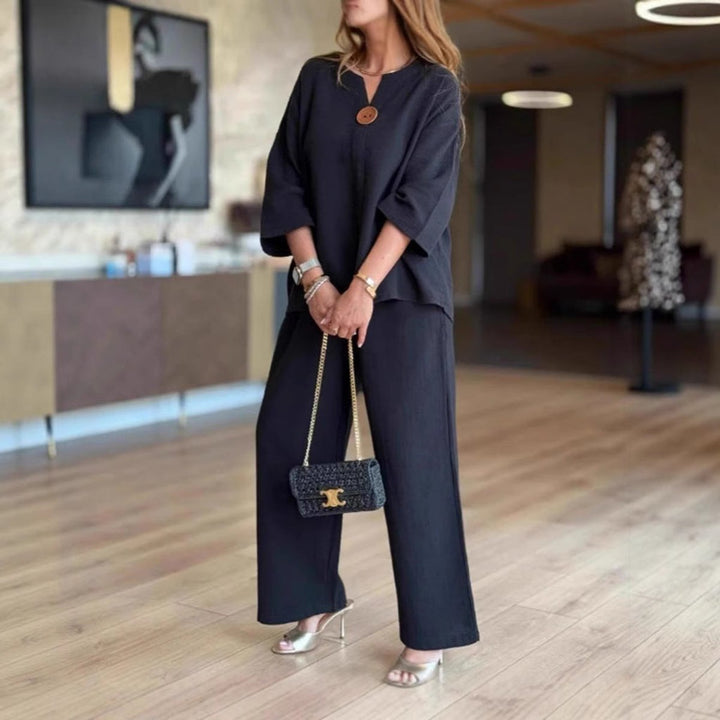 Split Neck Three Quarter Sleeve Tunic Wide Leg Palazzo Pant Two Piece Set