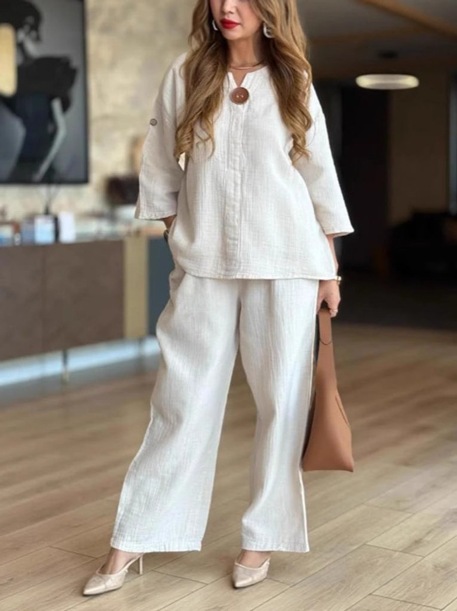 Split Neck Three Quarter Sleeve Tunic Wide Leg Palazzo Pant Two Piece Set