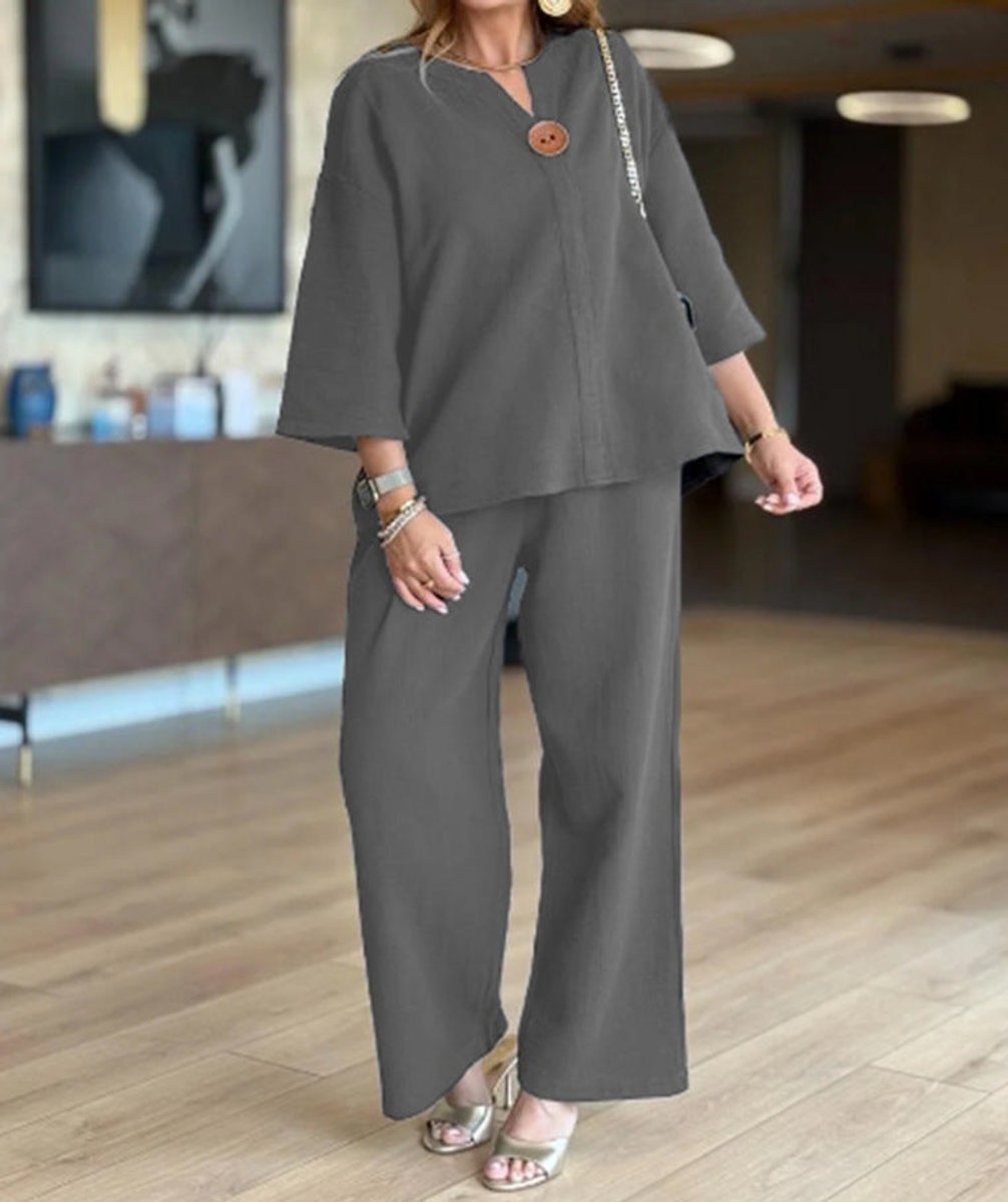 Split Neck Three Quarter Sleeve Tunic Wide Leg Palazzo Pant Two Piece Set