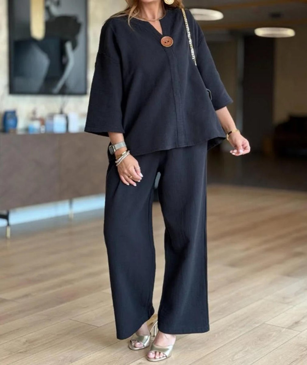 Split Neck Three Quarter Sleeve Tunic Wide Leg Palazzo Pant Two Piece Set