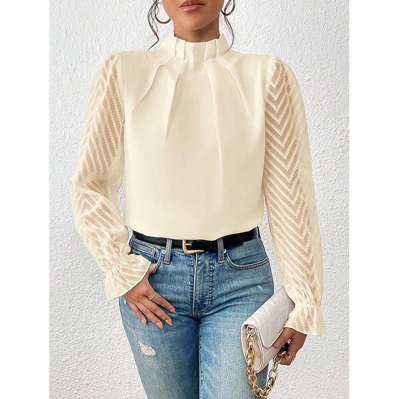 Mock Neck Long Sleeve Pleated Sheer Lace Ruffle Going Out Blouse Top