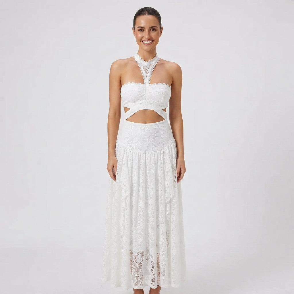 Hero | Women Lace Cutout Halter Wedding Guest Dress