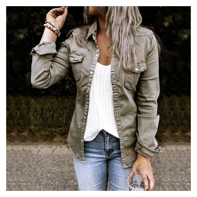 Button-Front Denim Shirt Jacket for Casual Layering
