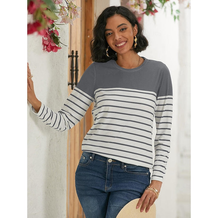 Striped Color Block Crew Neck Long Sleeve Casual Knit Tee Shirt Top