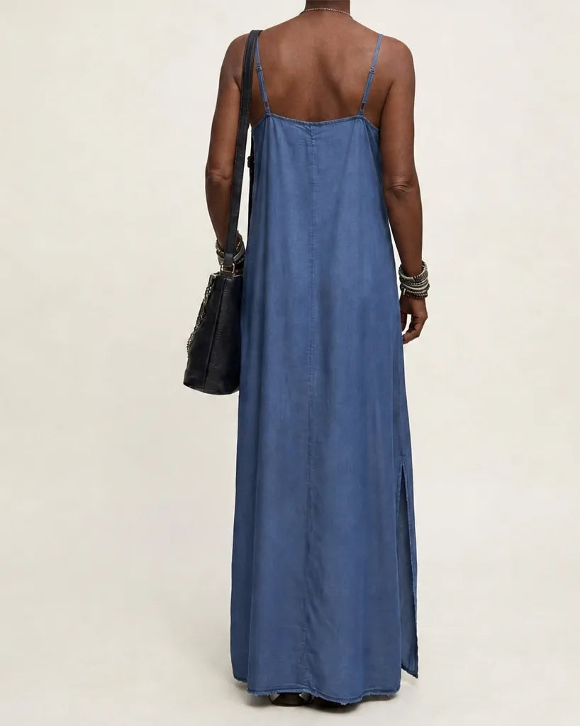 Meinir | Women Spaghetti Strap Side Slit Denim Dress