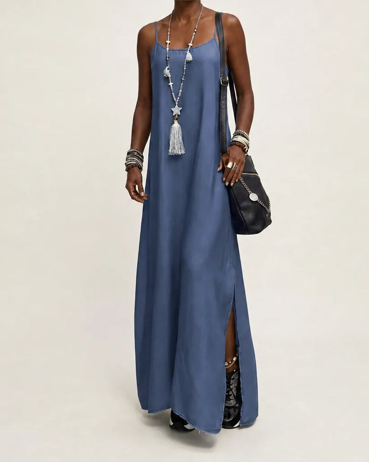Meinir | Women Spaghetti Strap Side Slit Denim Dress